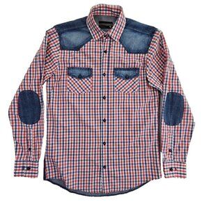Prejuicio Demin Long Sleeve Shirt Men's S Small Red White Blue Button Pockets LN
